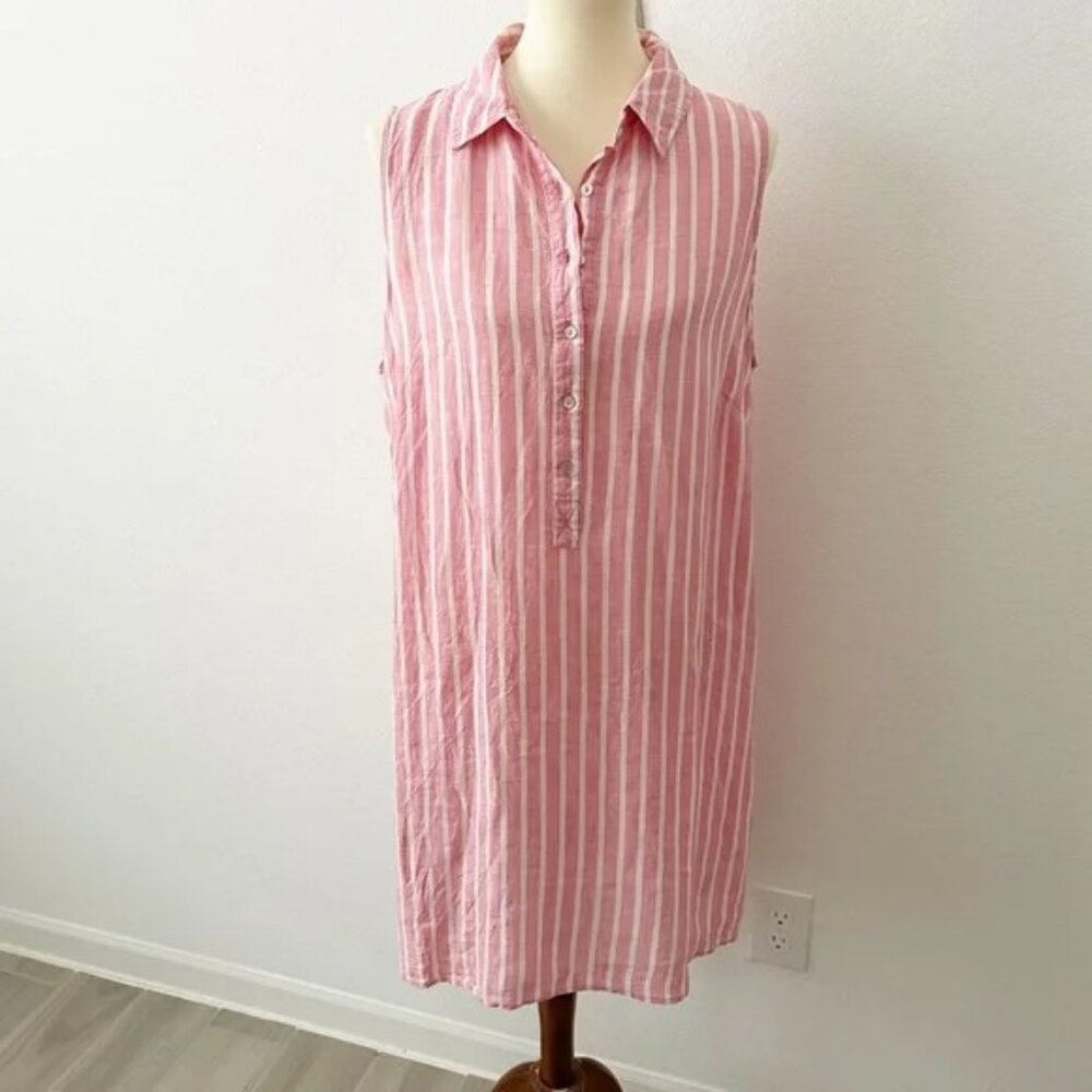 C&C California 100% Linen Peach Pink and White Striped Shirt dress Sleeveless 1X